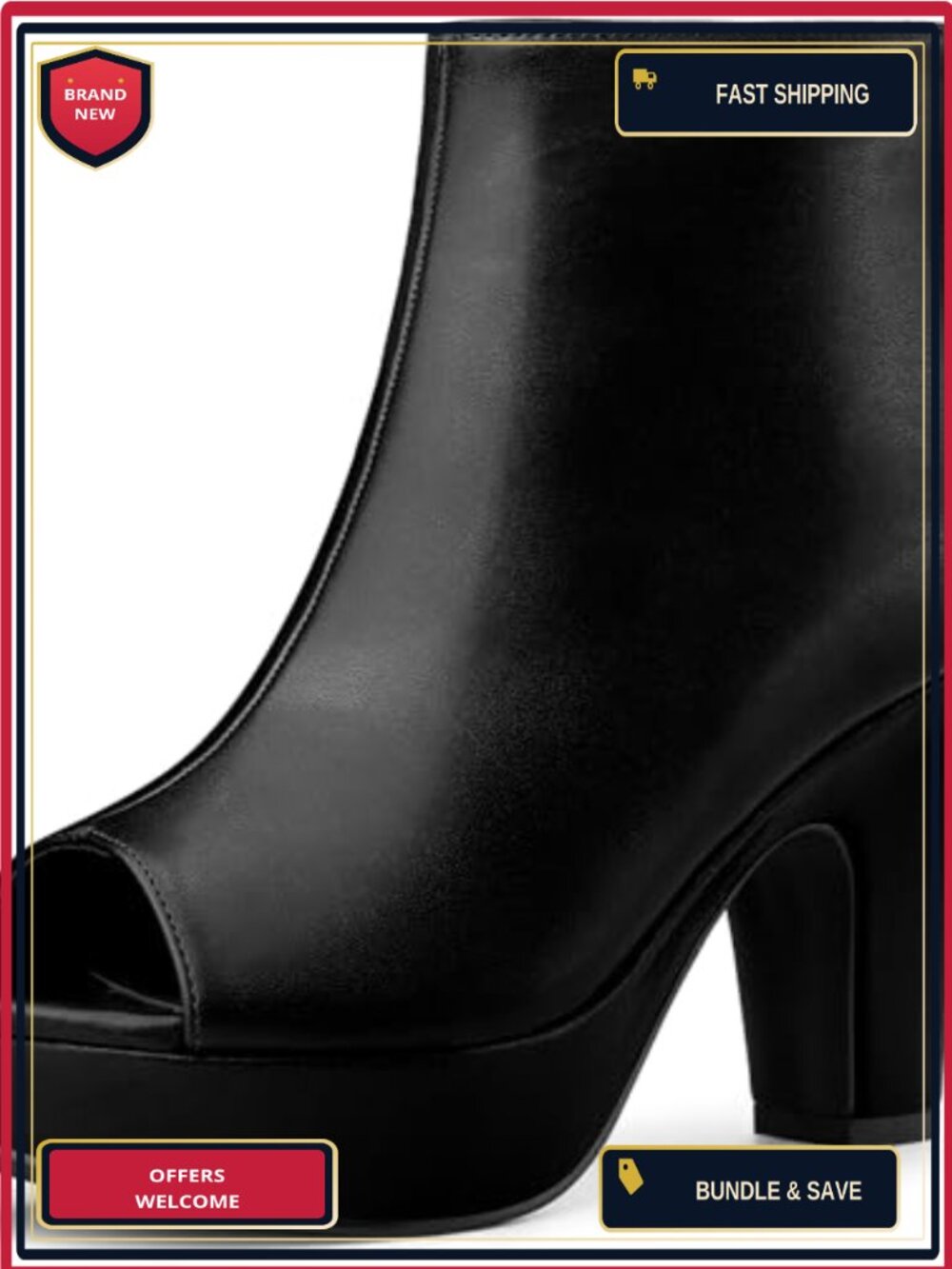 Faux Leather Peep Toe Ankle Boots Chunky Heel Platform Bootie Back Zip